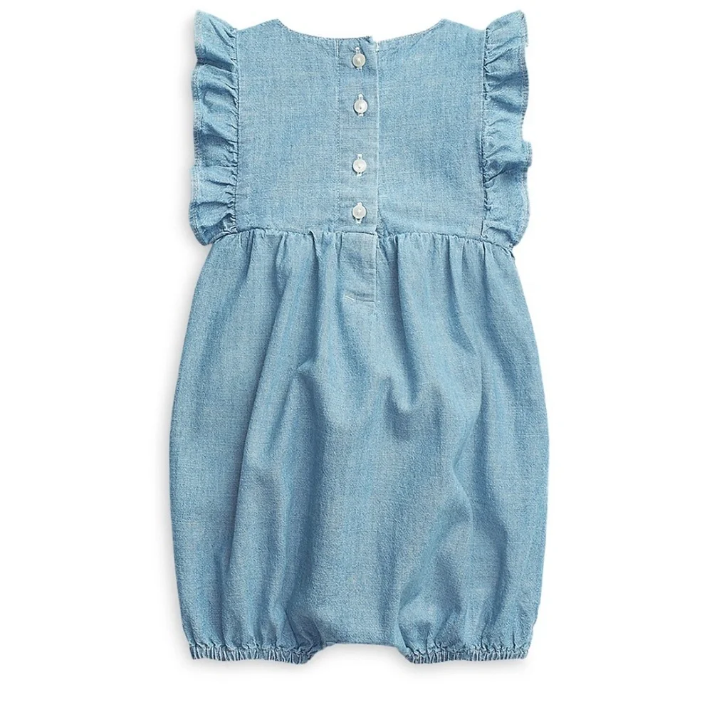 Ralph Lauren Girls' Chambray Ruffle Bubble Romper - Baby 24 months EUC $50